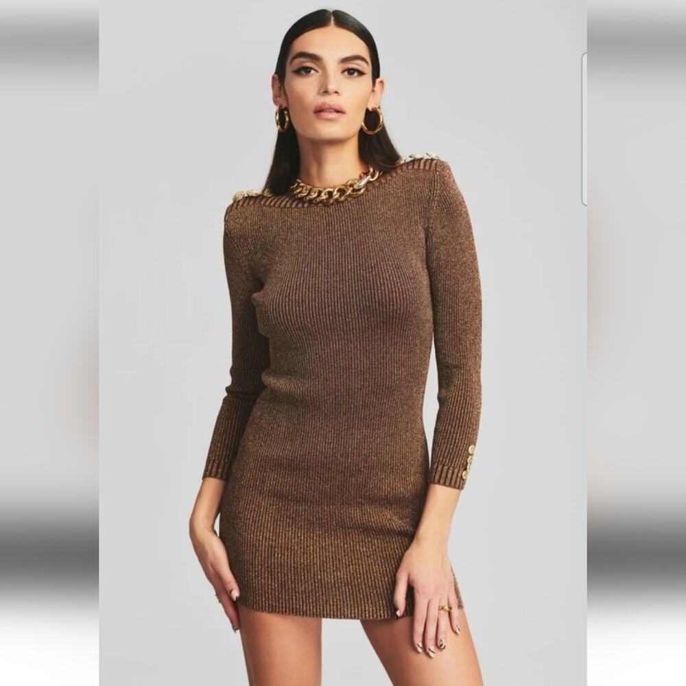 Retrofete Avenue Rib Knit Dress in Metallic Cognac Size XL Long Sleeve Mini NWOT